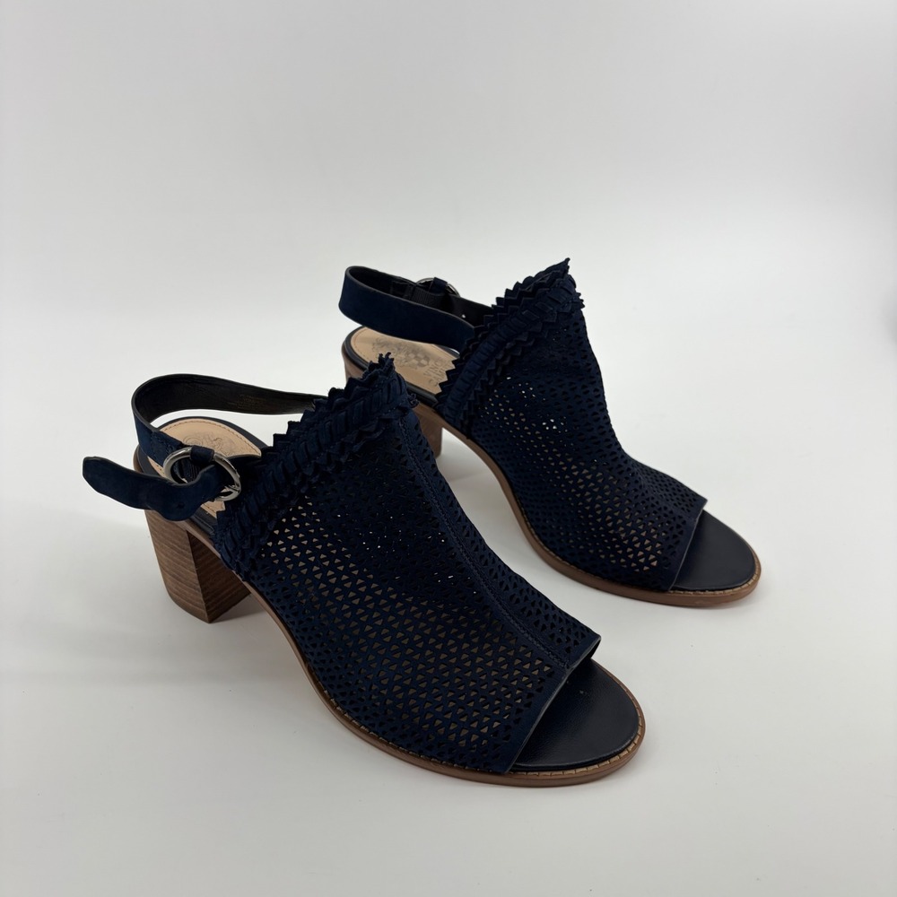 Vince Camuto Womens 10 Navy Blue Tricinda Laser Cut Leather Block Heel Sandals